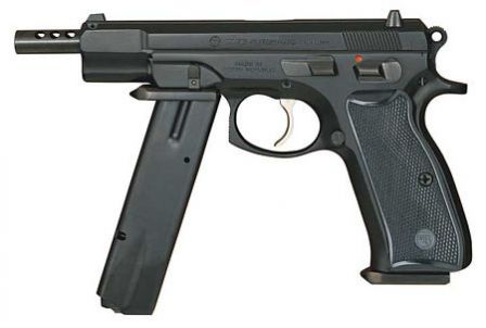 CZ 75 Automatic, a selective fire version of the CZ 75B; note the spare magazine, attached as a front grip, and a lengthened barrel with muzzle compensator, which indicates the early model