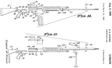 Diagram from original US patent, granted to Eugene Stoner for design of Stoner 62 / 63 weapon system, showing assembly of rifle (top) and belt-fed LMG (bottom) configurations.