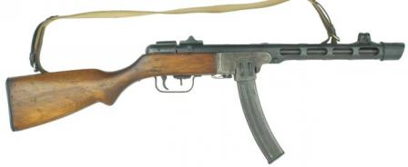 late production Shpagin PPSh-41 submachine gun, with box magazine and flip-uprear sight.