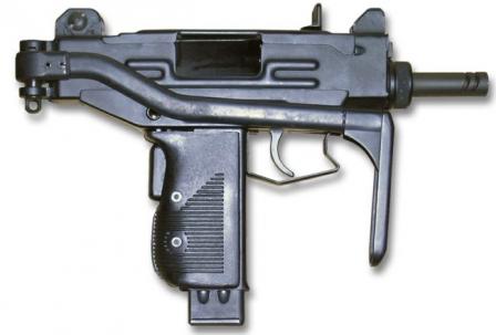  Micro-Uzi submachine gun with shoulder stock folded.