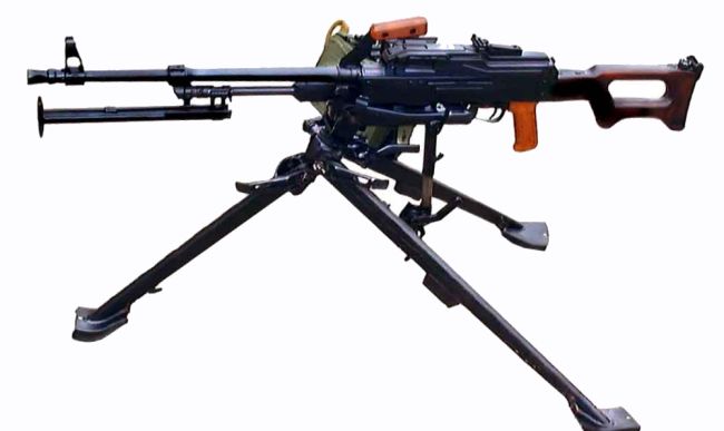 Current production Kalashnikov PKMS (PKM on tripod) machine gun, with plain (non-fluted) barrel and short flash hider.
