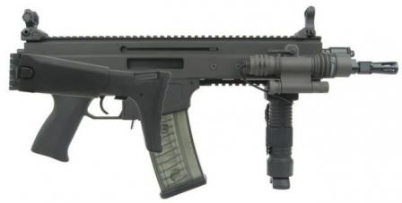 CZ 805 BREN A2 assault rifle with short barrel, butt folded, iron sights raised.