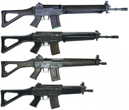 Complete family of SIG55x rifles, top to bottom: SIG SG 550 / Stgw.90, SIG SG 551-LB SWAT,SIG SG 551 and SIG SG 552 SWAT