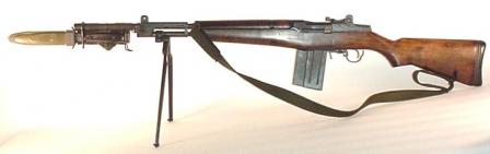 Beretta BM59 - left side view, bayonet (in sheath) and bipod attached