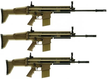 Винтовки калибра 7.62мм NATO FN SCAR-H / Mk.17 текущего выпуска (2007/2008), сверху вниз варианты с длинным стволом (LB), стандартным стволом (Std) и вариант для ближнего боя (CQC) 