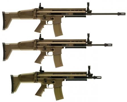 5.56mmNATO FN SCAR-L / Mk.16 rifles of current (2007/2008) production, top to bottom in Long Barrel (LB), standard (Std) and Close Quarter Combat(CQC) configurations