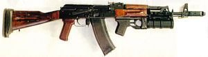 Soviet-made AK-74 assault rifle with GP-25 40mm underbarrel grenade launcher.