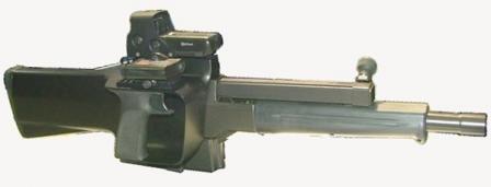 PAW-20 grenade launcher, right side. Note that it has dual Picatinny rails whichhost collimating (red dot) sight at left, and a laser pointer at right.