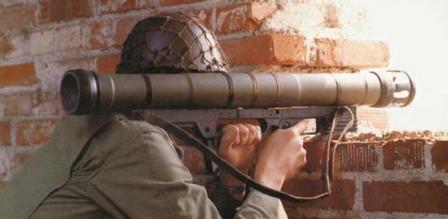 German soldier aims with Armbrust grenade launcher.