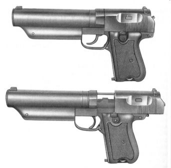 Type 64 silenced pistol; top, ready to fire; bottom, with the slide locked open after the last shot from magazine has been fired.