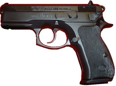 CZ 75 P-01, one of the most recent versions of the CZ 75, adopted by the Czech Police. Note the accessory rail under the barrel, compact frame, and a decoking lever instead of the safety.