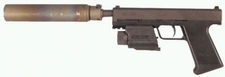 The same 2003 HK UCP prototype, with M6 tactical light / laser pointer mounted on the frame, and B&T suppressor.