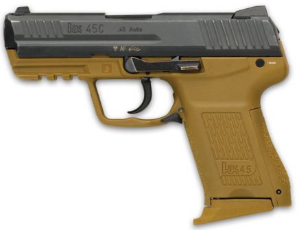 HK 45C compact pistol, with tan-colored frame and DAO trigger unit (notice lack of manual safety and spur-less hammer).