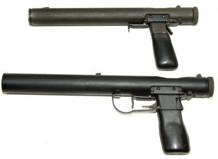 two Welrod pistols, top earlier .32 caliber Mark II and bottom later 9mm Mark I.