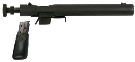 .32 caliber Welrod Mk.II pistol with magazine removed abd bolt opened.