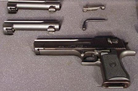 The Desert Eagle Mark XIX pistol with caliber conversion kit including two additional barrels, one bolt and disassembly tool.