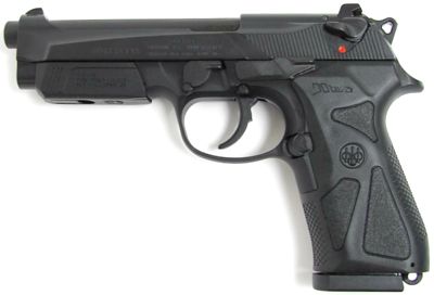 Beretta 90two - latest variant with restyled slide, interchangeable modular grip panels, and protective cover installed over integral accessory rail under the barrel.