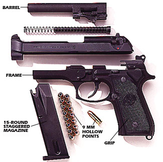 Beretta 92FS fieldstripped into major parts.