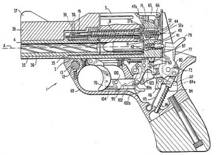 Drawing from original patent (US 4,712,466 to Emilio Ghisoni) which explains the basic design of Mateba Model 6 Unica auto-revolver