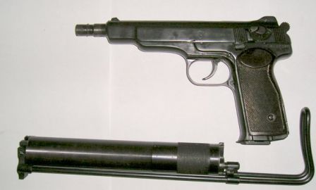 APB / 6P13 silenced pistol, ready for carry; note how the silencer is attached to shoulder stock