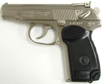 IJ70-17AS pistol, a commercial export-only version of Makarov PM pistol, caliber 9x17 (.380ACP); note adjustable rear sight necessary to pass US qualification for import.