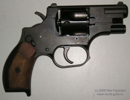 OTs-38 revolver, right side. Hammer is lowered and safety is off.