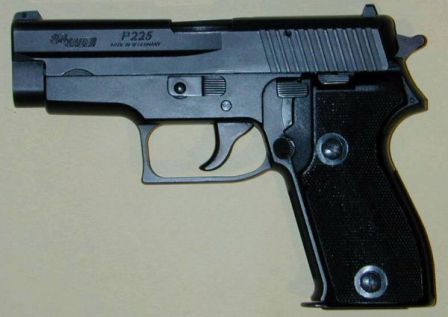 SIG-Sauer P225 pistol, left side.