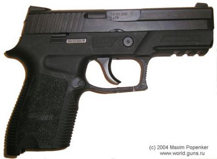 SIG-Sauer P250 DCc (compact) without magazine, right side view.