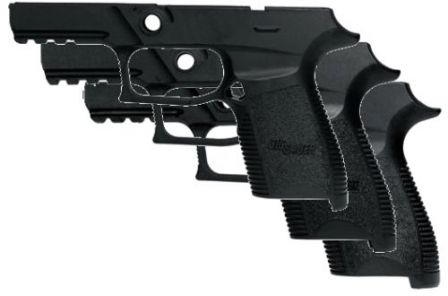 Three frame sizes for SIG-Sauer P250 Compact pistol, front to back: S (small), M (medium) and L (large) grip sizes.