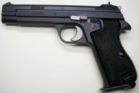 SIG P210-2, basically same as the Swiss Army Pistole 49. These pistols were available with either wooden or black plastic grips.