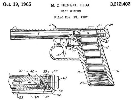 Patent diagram explaining basic design of Gyrojet weapon and its rocket ammunition