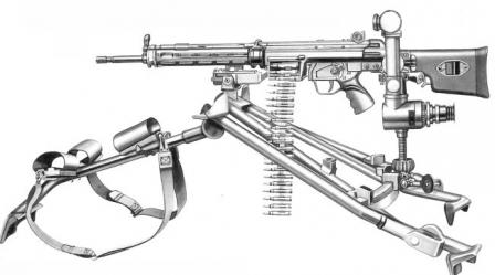 7,62x51 mm HK 21A1 machine gun, on tripod and with telescope sight.