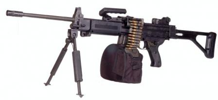 Negev machine gun, in standard configuration and with 200-round belt container clipped to the magazine housing.