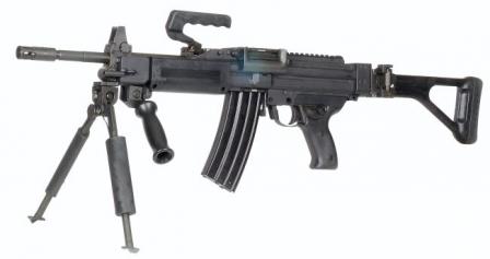 Negev machine gun with Commando barrel and Galil-type box magazine.