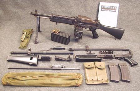 Stoner 63A weapon in Commando light machine gun configuration, same as US S.E.A.L. Mark 23 Model 0 gun. Weapon is shown with complete set of subassemblies and barrels, necessary to convert to other configurations, such as magazine-fed light machine gun or assault rifle.