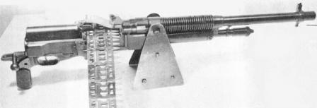 British-made Hotchkiss Portable machine gun, Mark I, caliber .303, in 'tank' configuration, loaded with sem-rigid steel belt consisting of linked 3-round strips.