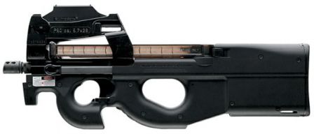 FN P90 personal defense weapon / submachine gun in basic configuration, left side.