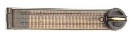 Bottom view on the filed FN P90 magazine, showing position of the stored cartridges and cartridge in feed position.