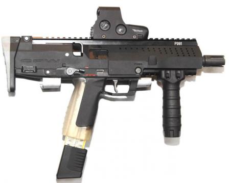 STK CPWprototye with red dot sight and telescoping butt collapsed.