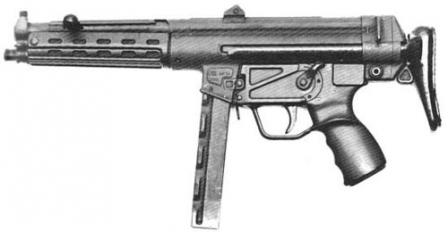 HK MP-54, or HK 54 - a prototype submachine gun (1965). Earlier MP-5A1 adopted by German police and Border Guard looked the same. Note that the sights and the muzzle are different from the latter models.