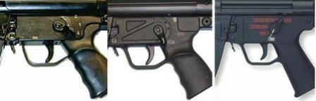 Visual difference between trigger units: left -earliest type stamped steel with plastic grip (converted from semi-auto only civilian gun HK 94, with American markings on selector); middle - early type all-plastic with S-E-F markings; right - most modern all-plastic design of 