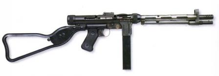 Rexim Favor submachine gun in one of the original configurations, with skeletonized butt and spike-type bayonet (in stored position).