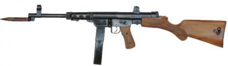 Extensively reworked Rexim Favor submachine gun with fixed butt and switch-blade type bayonet, as used by Turkish army in late 1960s.