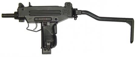 Micro-Uzi submachine gun with shoulder stock opened.