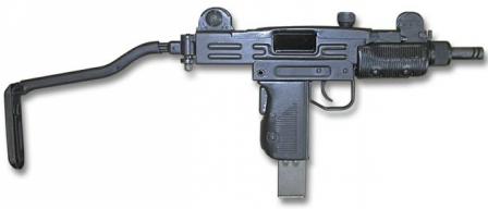 Mini-Uzi submachine gun with shoulder stock opened.