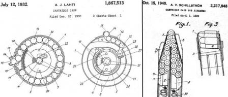  Patent diagrams explaining(left to right) 40- and 71-round drums designed by Lahti and 50-roundbox magazine designed by Schillstrom.