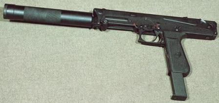 PP-93 submachine gun with folded butt and attached silencer.