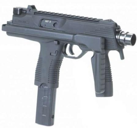 The B+T MP 9 submachine gun, with shoulder stock folded.