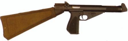 MCEM-2 experimental submachine gun, with shoulder stock / holster attached.