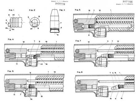 Cхема из патента 1981 года, иллюстрирующая работу автоматики пистолета-пулемета Benelli CB-M2.